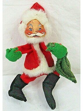 Vintage Annalee Mobilitee Santa Claus Doll W/ Green Bag Fabric 1950s missing tag